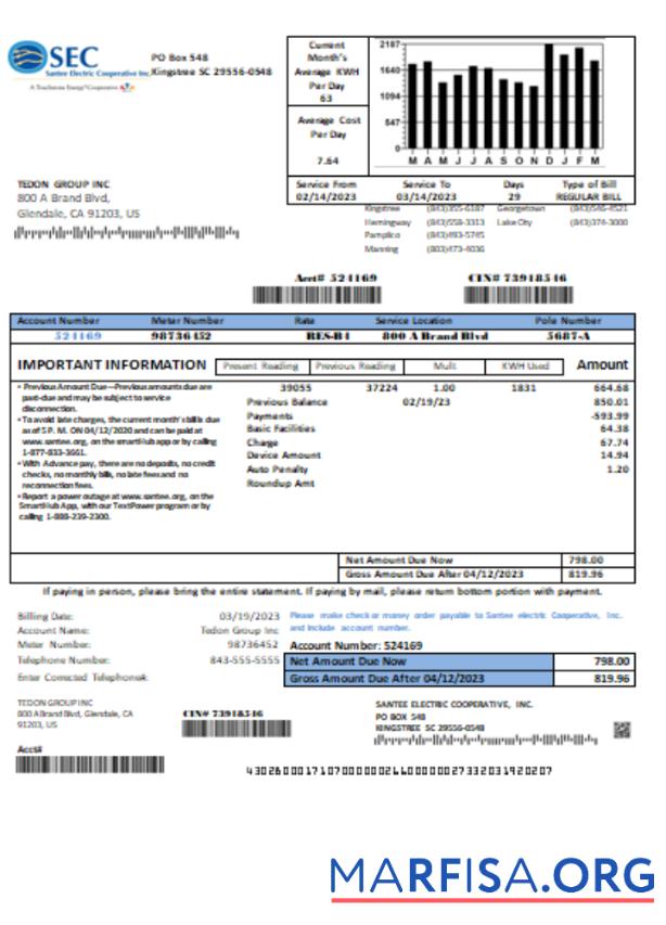 Blank Santee Electric Cooperative Inc (SEC) proof of address utility business bill, SCR sample